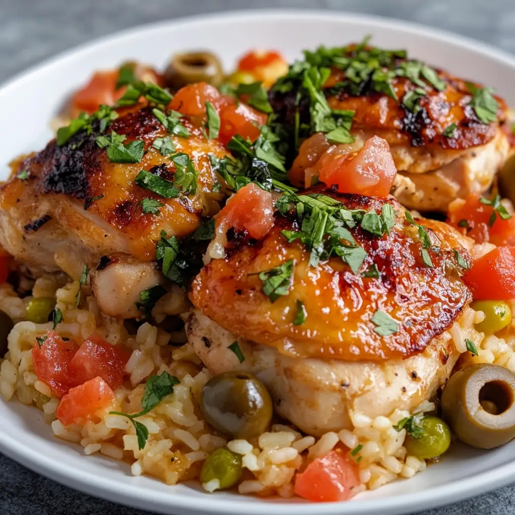 Arroz con pollo estilo mediterráneo, sabroso y lleno de frescura