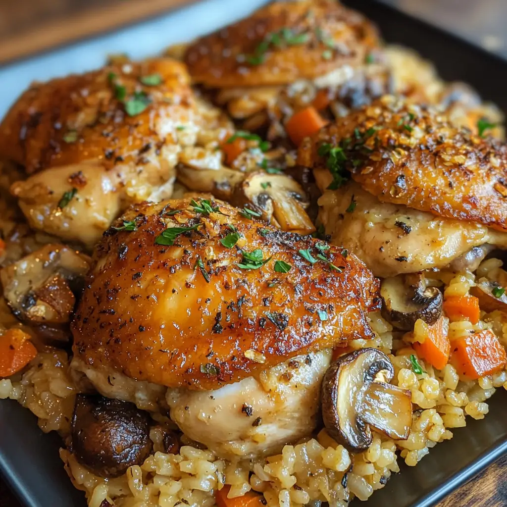 Arroz con pollo y setas al horno, dorado y sabroso
