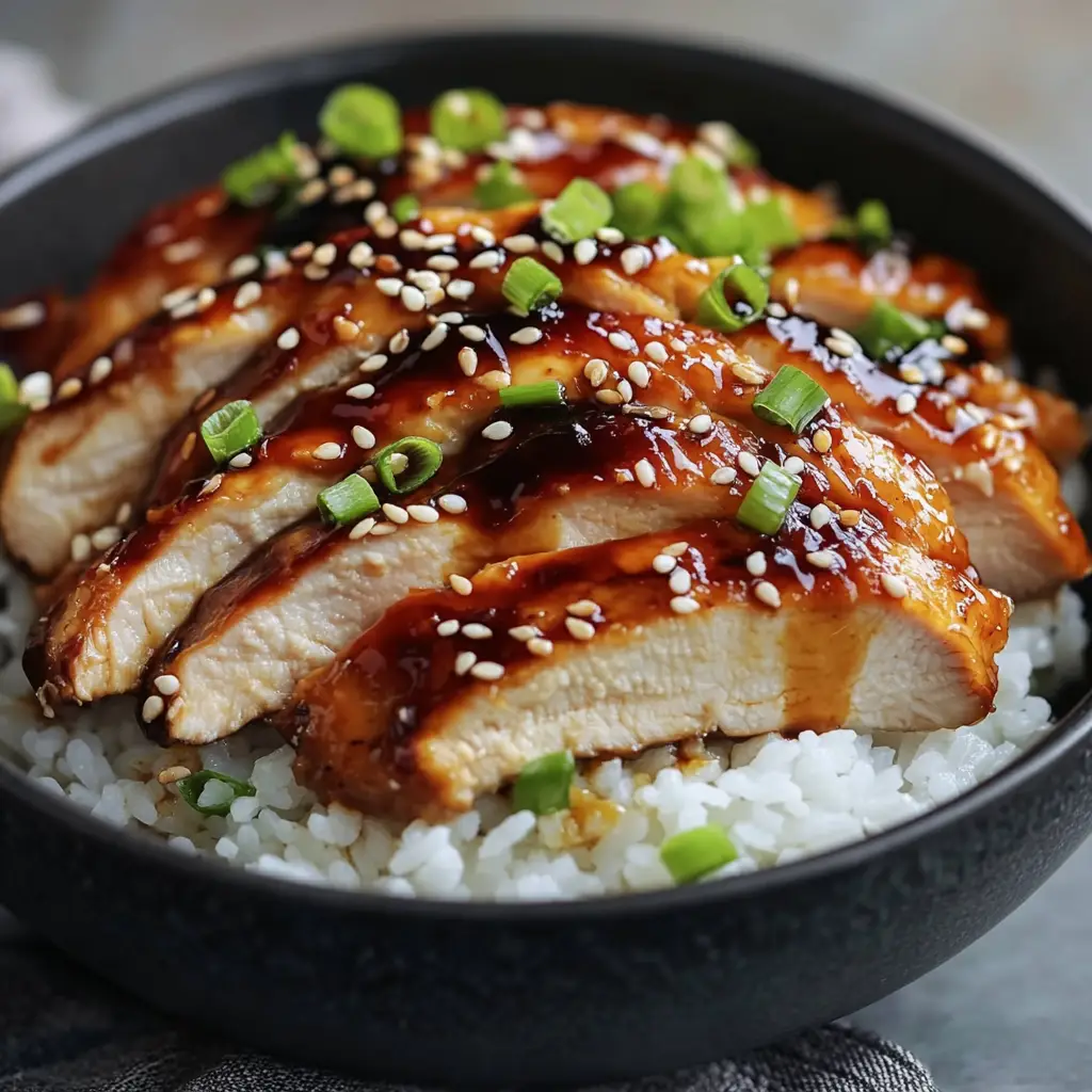 Pollo teriyaki, servido con arroz y decorado con semillas de sésamo