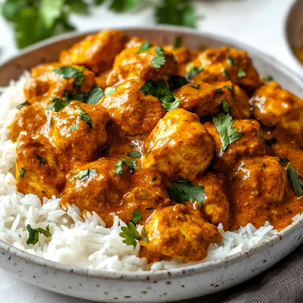 Pollo tikka masala con salsa cremosa, servido con arroz basmati