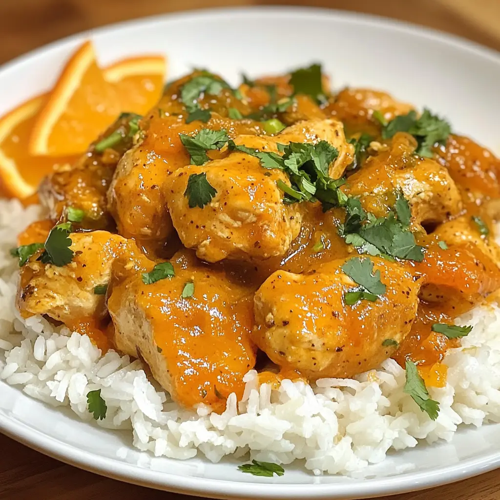 Pollo a la naranja, servido con arroz y decorado con cilantro