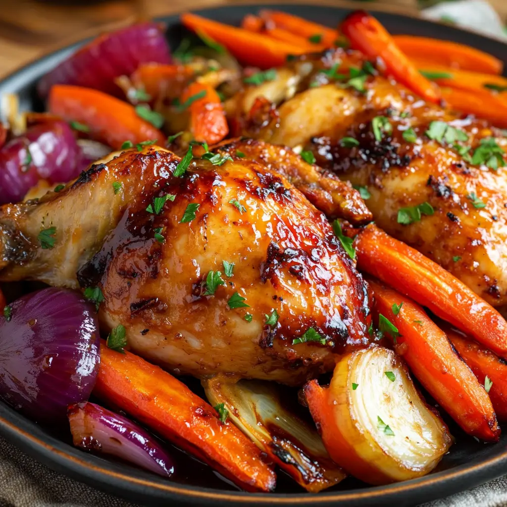 Pollo al horno con verduras glaseadas, perfectamente dorado