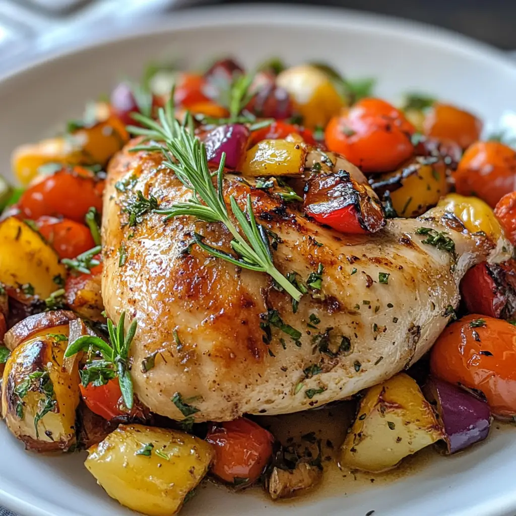 Platos de pollo con vegetales frescos, tomates cherry, pimientos y hierbas, comida saludable y casera.