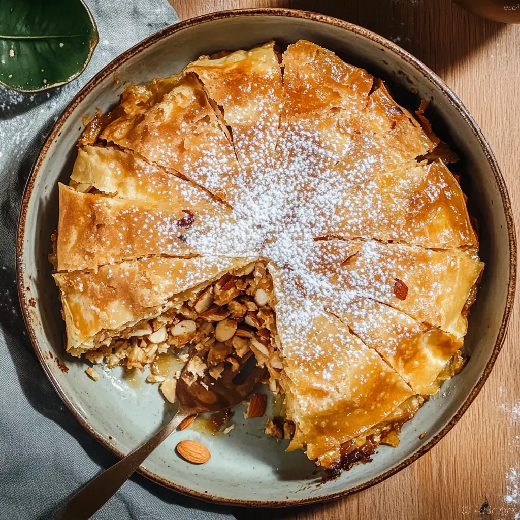 Pastela de pollo con almendras en fuente blanca