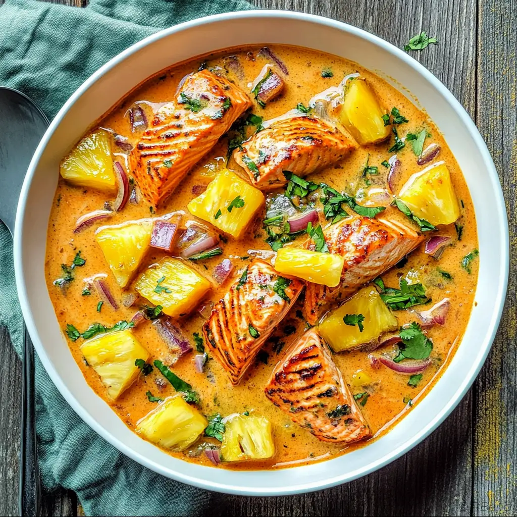 Curry de salmón con piña y arroz en cuenco blanco