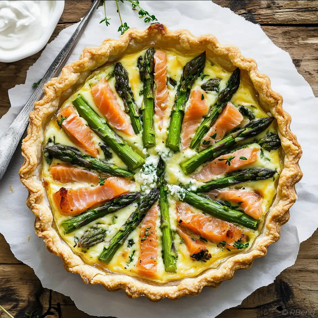 Quiche de salmón ahumado y espárragos en plato blanco