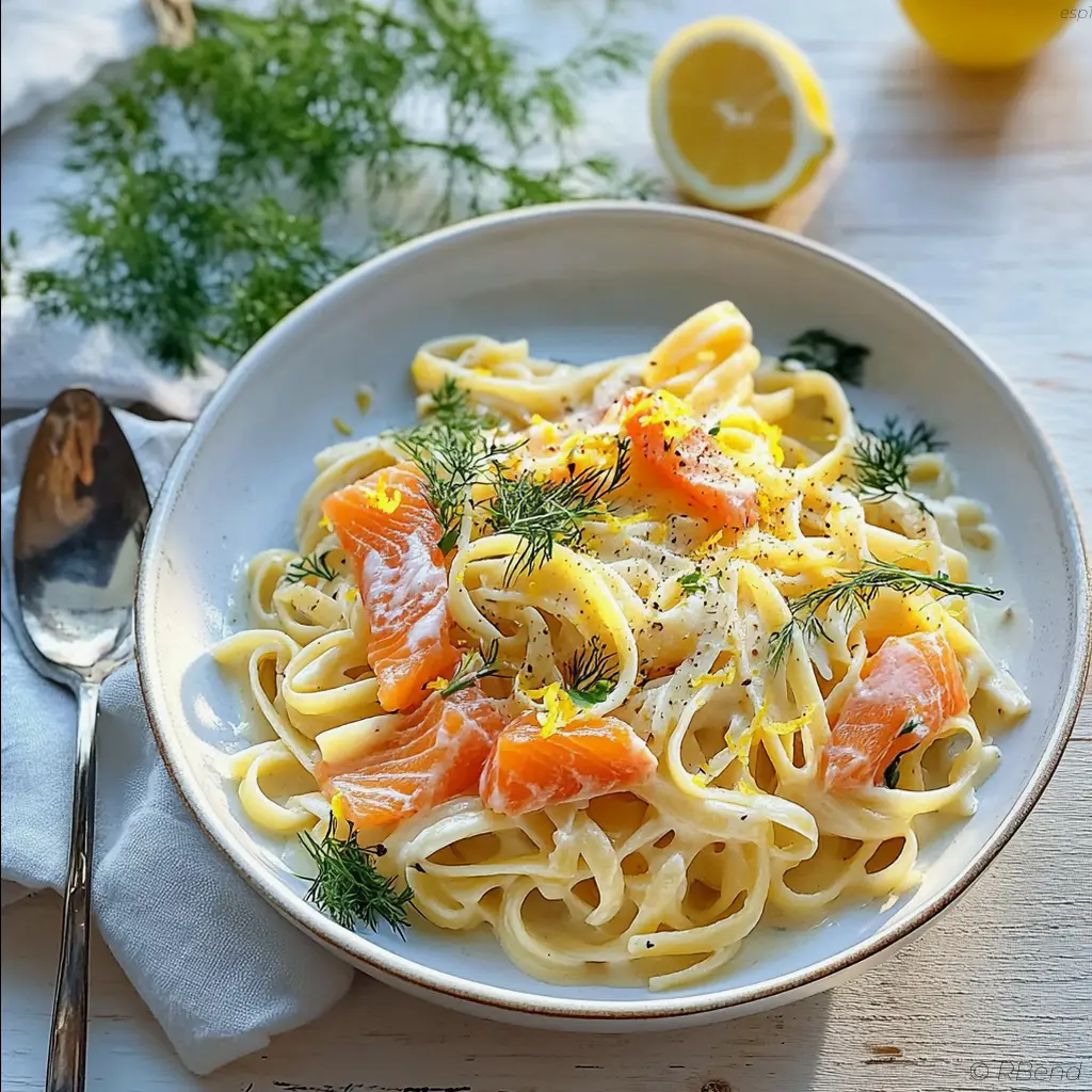 Plato de fettuccine con salmón ahumado y salsa de limón