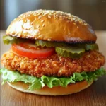 Sándwich de pollo crujiente con panko, tomate y lechuga en pan de hamburguesa