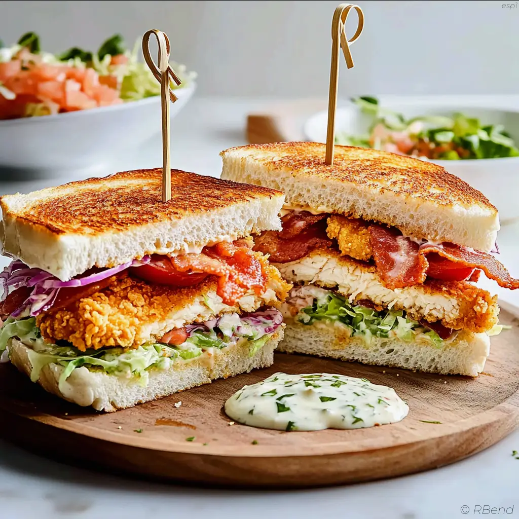 Sándwich club de pollo crujiente con col, bacon y pan tostado