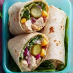 Envoltura de pollo con yogur, miel, espinaca y pepinillos en tortilla integral