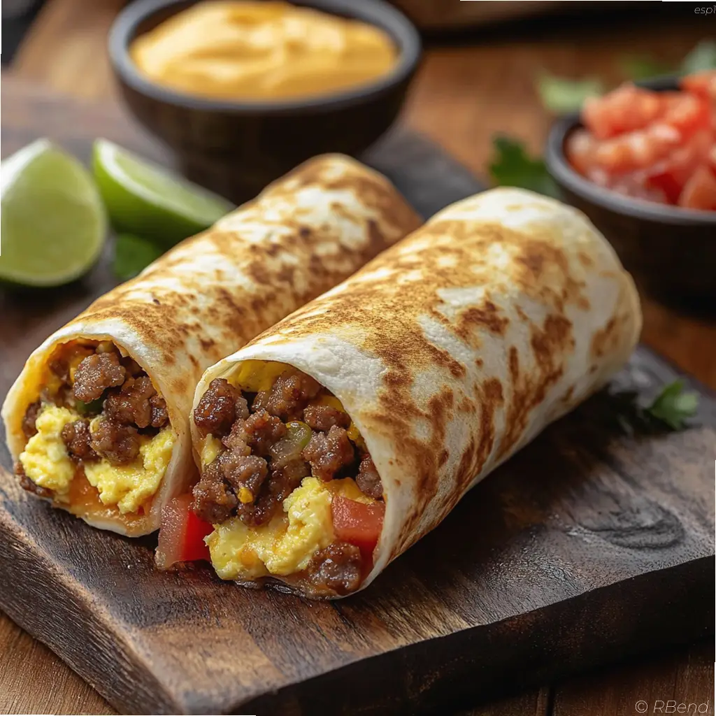 Burrito de huevos revueltos y salchicha con queso cheddar derretido y tomate fresco en tortilla crujiente