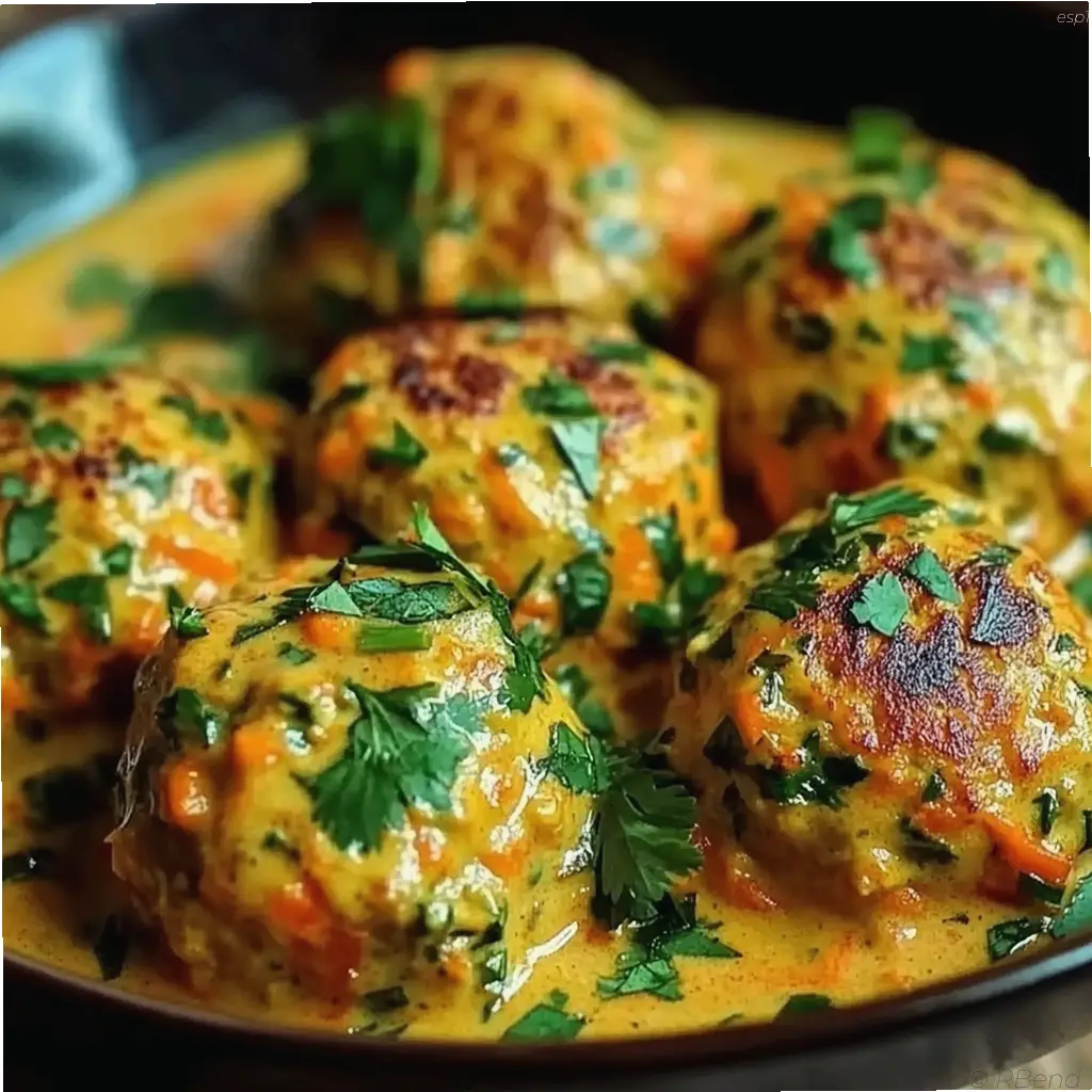 Albóndigas doradas de zanahoria y garbanzo en salsa cremosa de curry con coco, decoradas con cilantro fresco