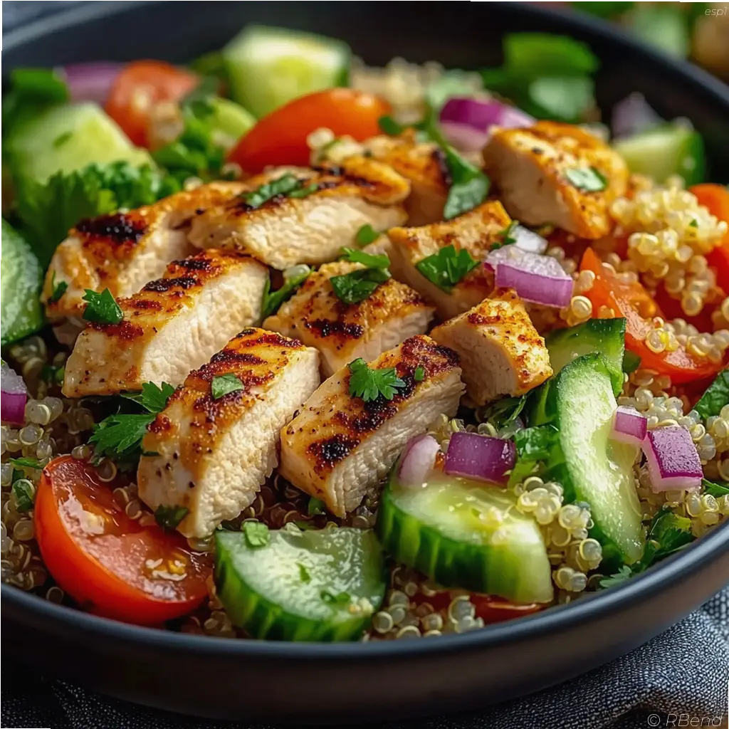 Ensalada de quinoa con pollo, aguacate y verduras frescas en un bol blanco