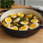 patatas con salsa verde con huevos cocidos en un plato blanco