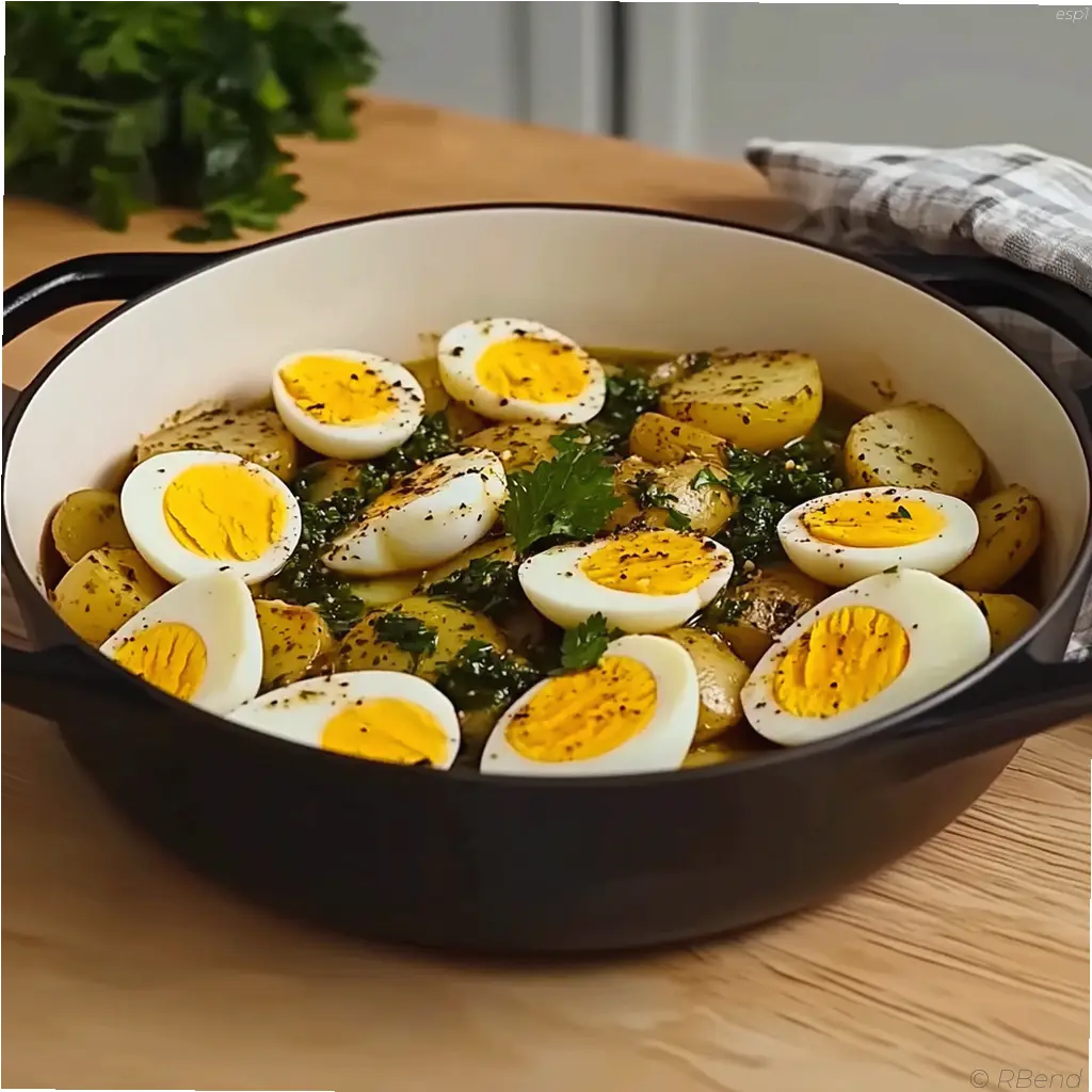 patatas con salsa verde con huevos cocidos en un plato blanco