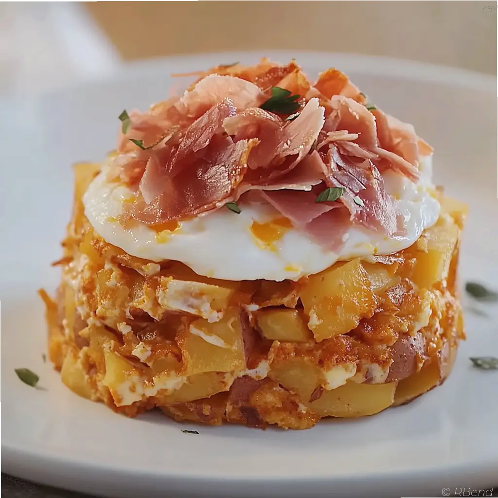 huevos rotos con jamón de pavo y patatas crujientes en un plato blanco