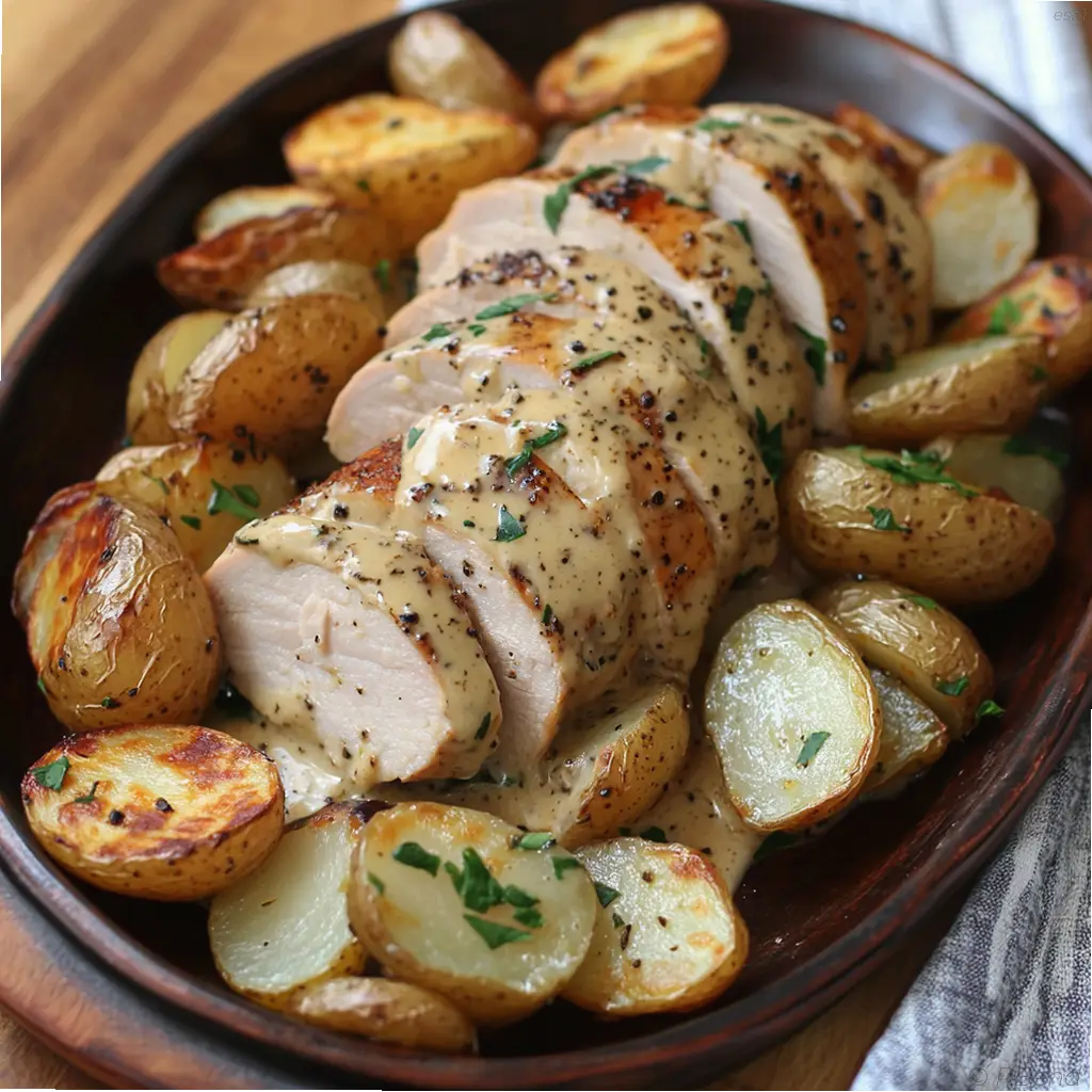 solomillo de pavo al horno con patatas y cebollas asadas servido en plato blanco