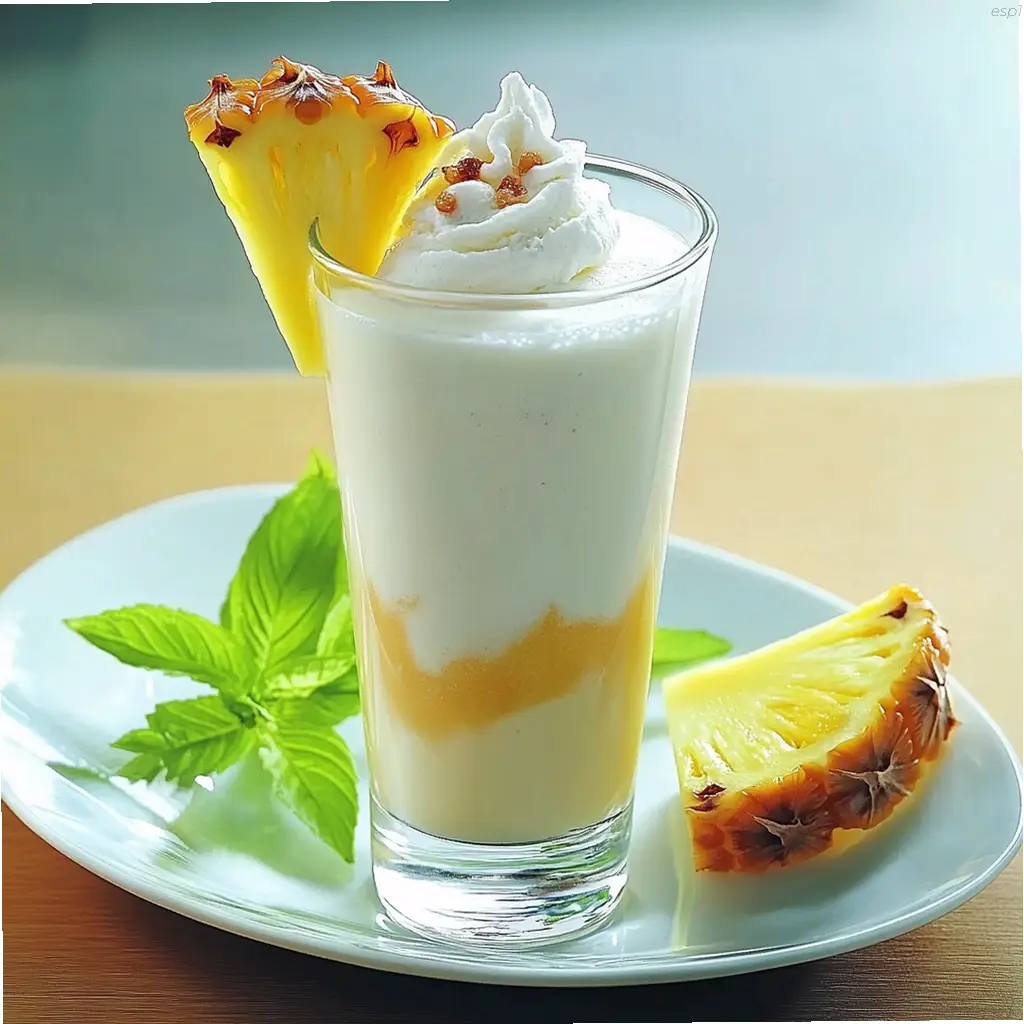 Batido de piña con ron y pasas servido en vaso alto con rodajas de piña fresca.