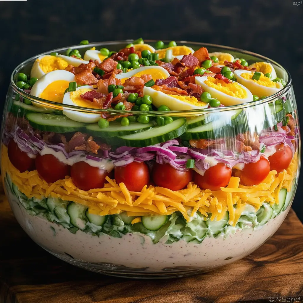 Ensalada de siete capas en un bol transparente mostrando capas de verduras, queso y bacon
