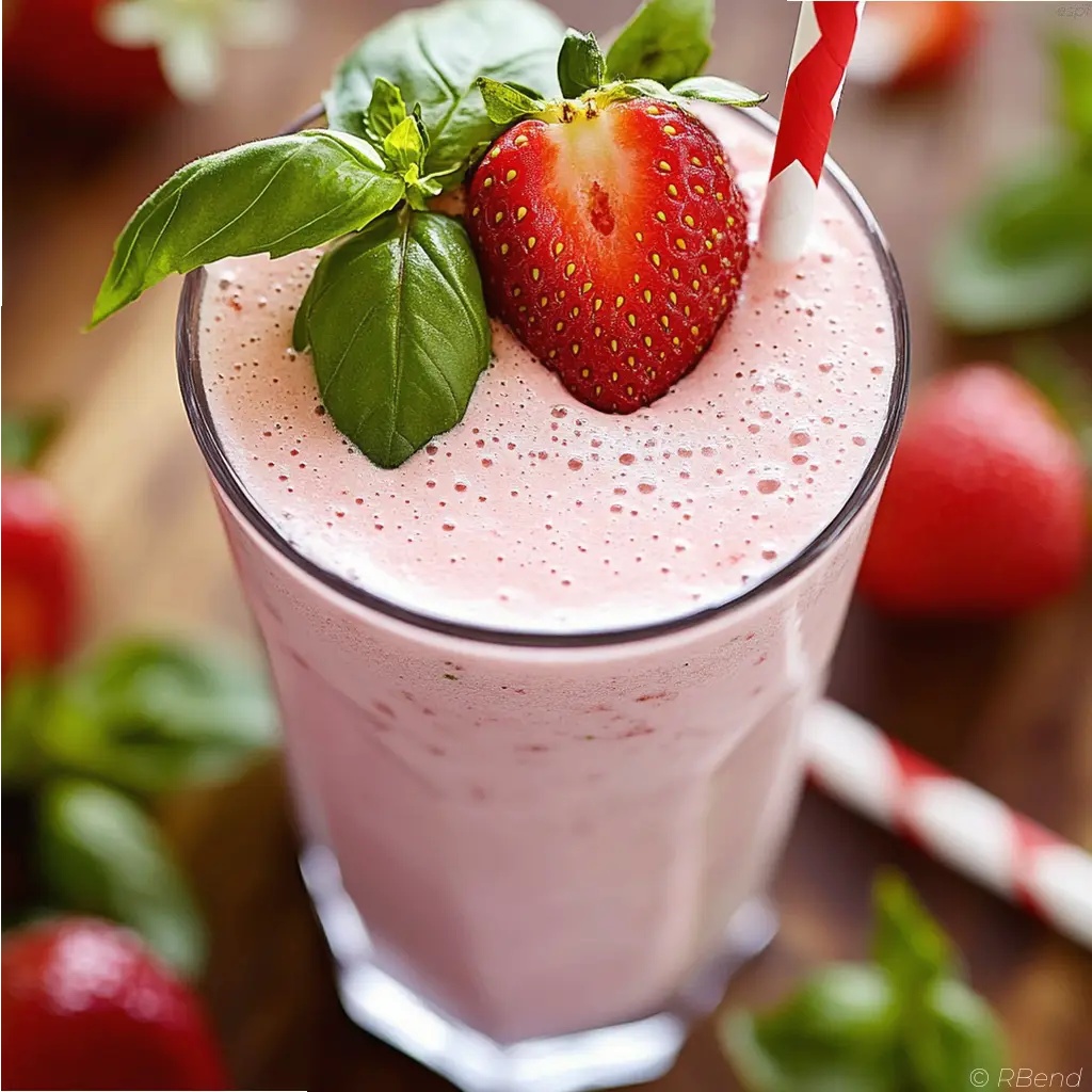 Batido de fresa y albahaca servido en vaso con fresas frescas y hojas de albahaca.
