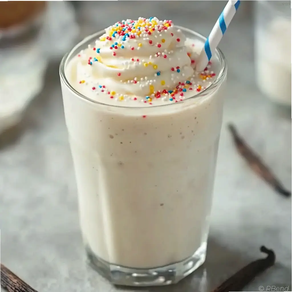 Batido de vainilla servido en vaso alto con vaina de vainilla y textura cremosa.