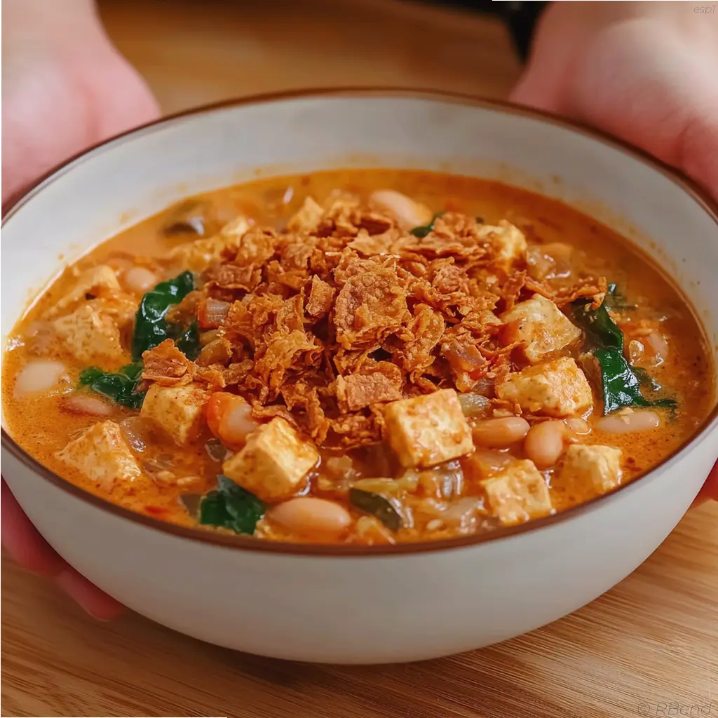 guiso de alubias blancas con tofu crujiente y verduras frescas servido en un plato blanco