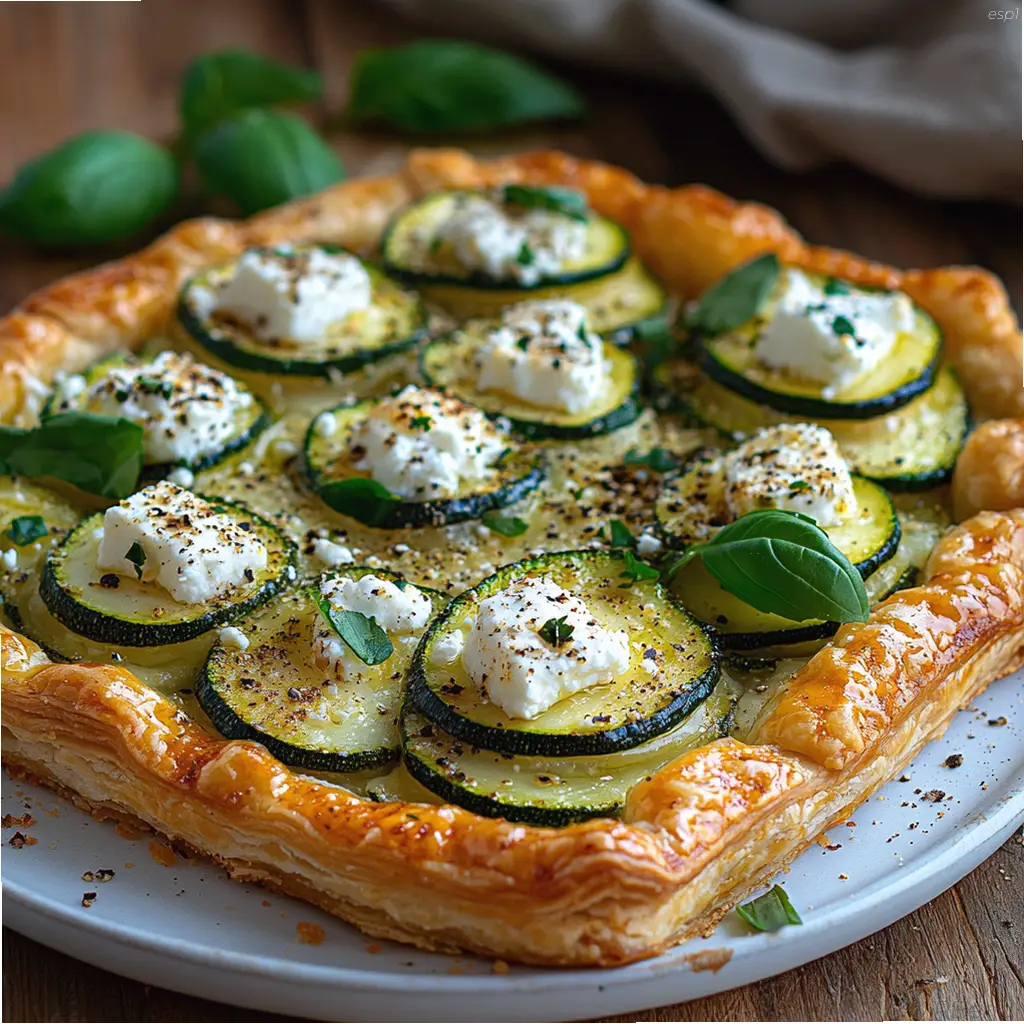 Tarta de calabacín y queso feta dorada con hierbas frescas en plato blanco