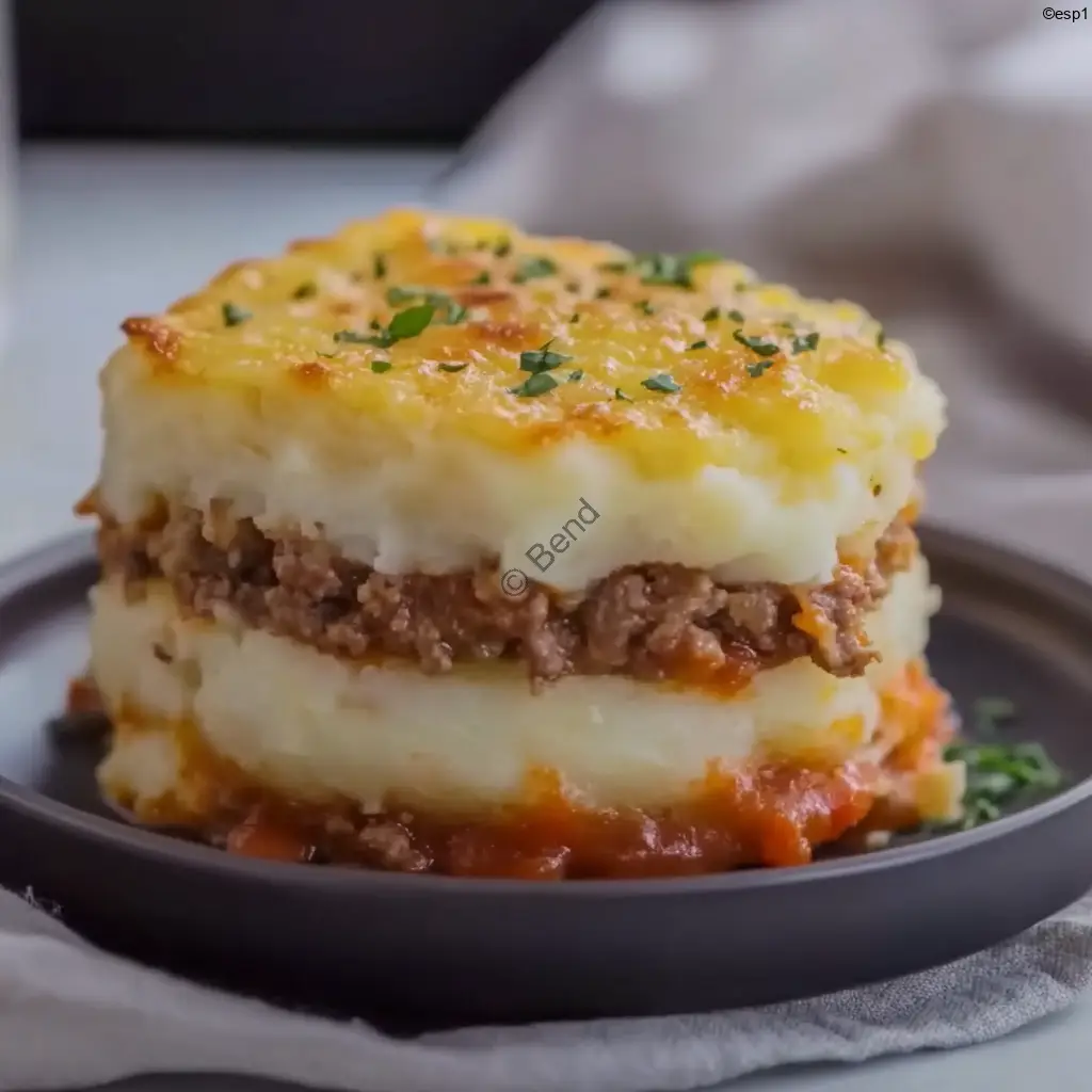 Pastel de carne y patatas con puré cremoso y queso gratinado