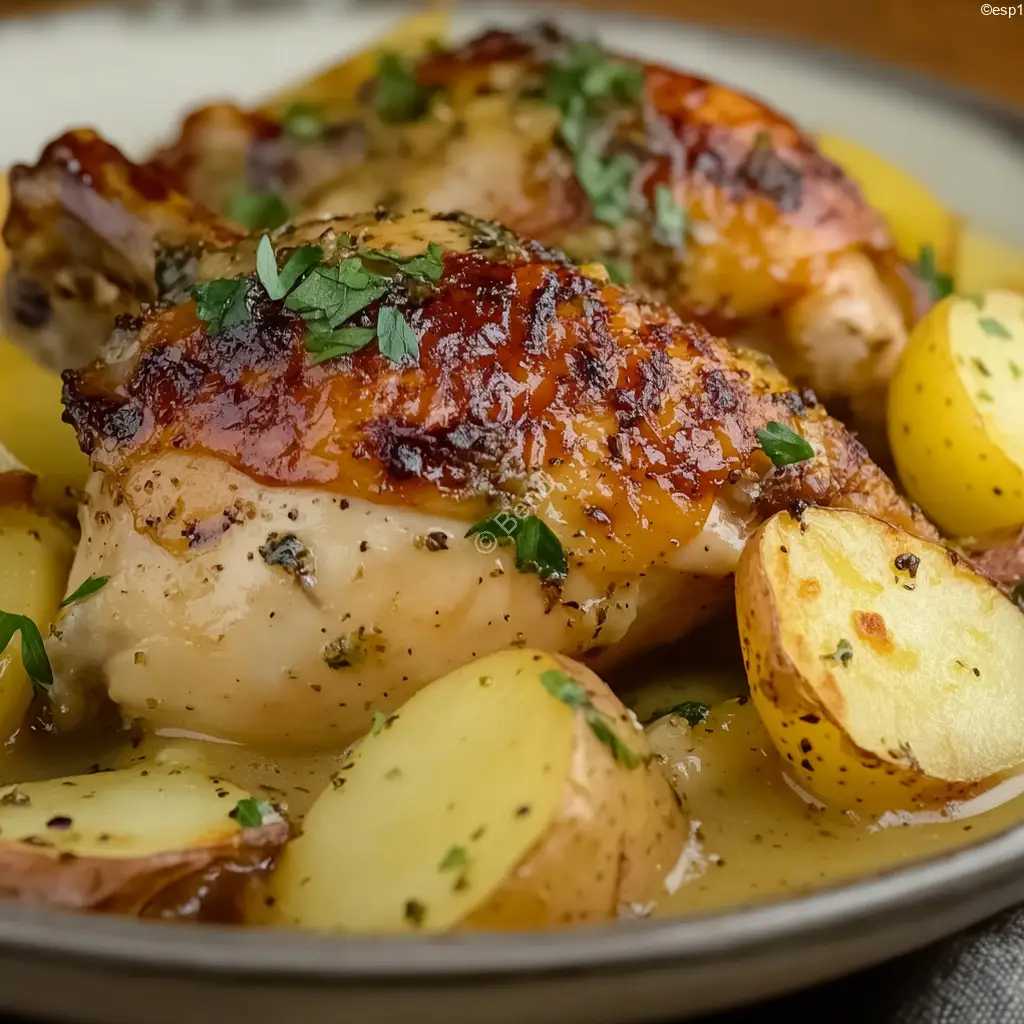 Muslos de pollo asados con patatas rojas, manzana golden y salsa de naranja