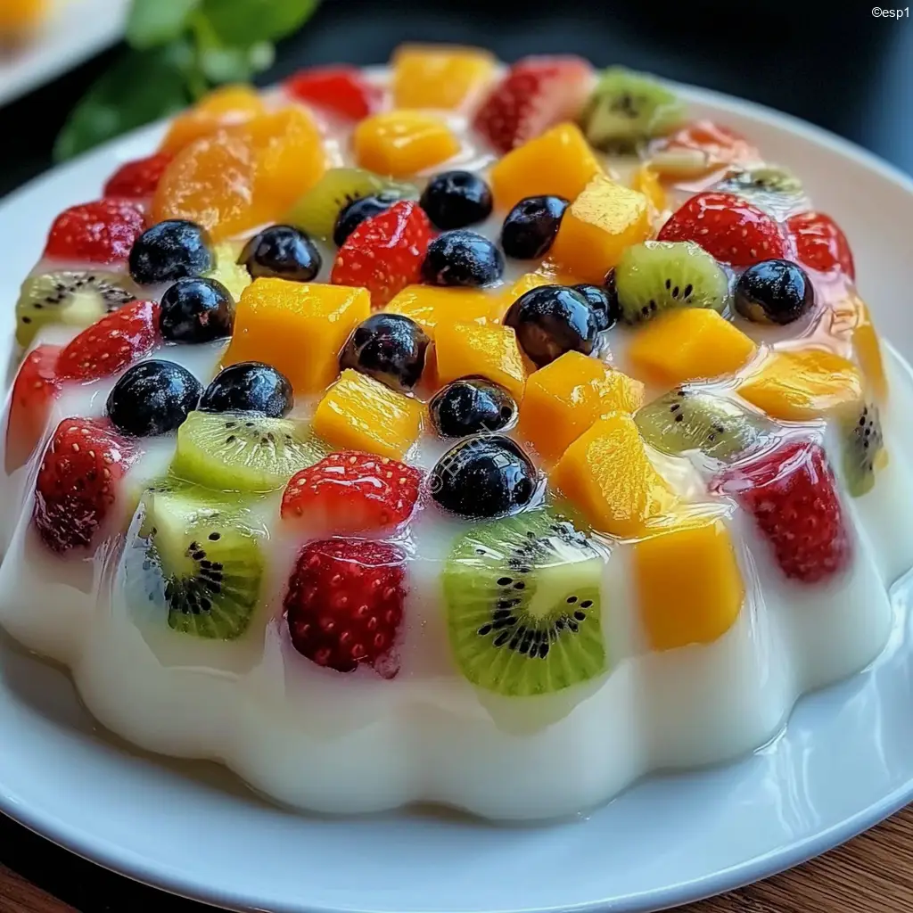 Gelatina colorida con frutas frescas y base cremosa en un molde desmoldado