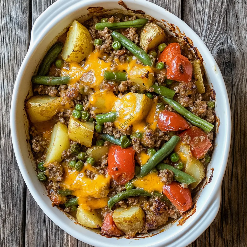 Cazuela de carne molida con papas, ejotes y queso gratinado en bandeja de horno