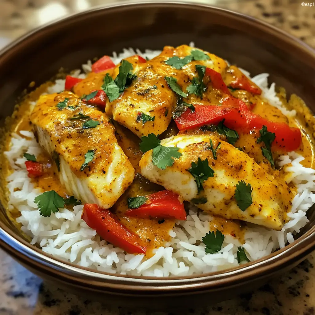 Curry de pescado con leche de coco y cúrcuma en sartén blanca