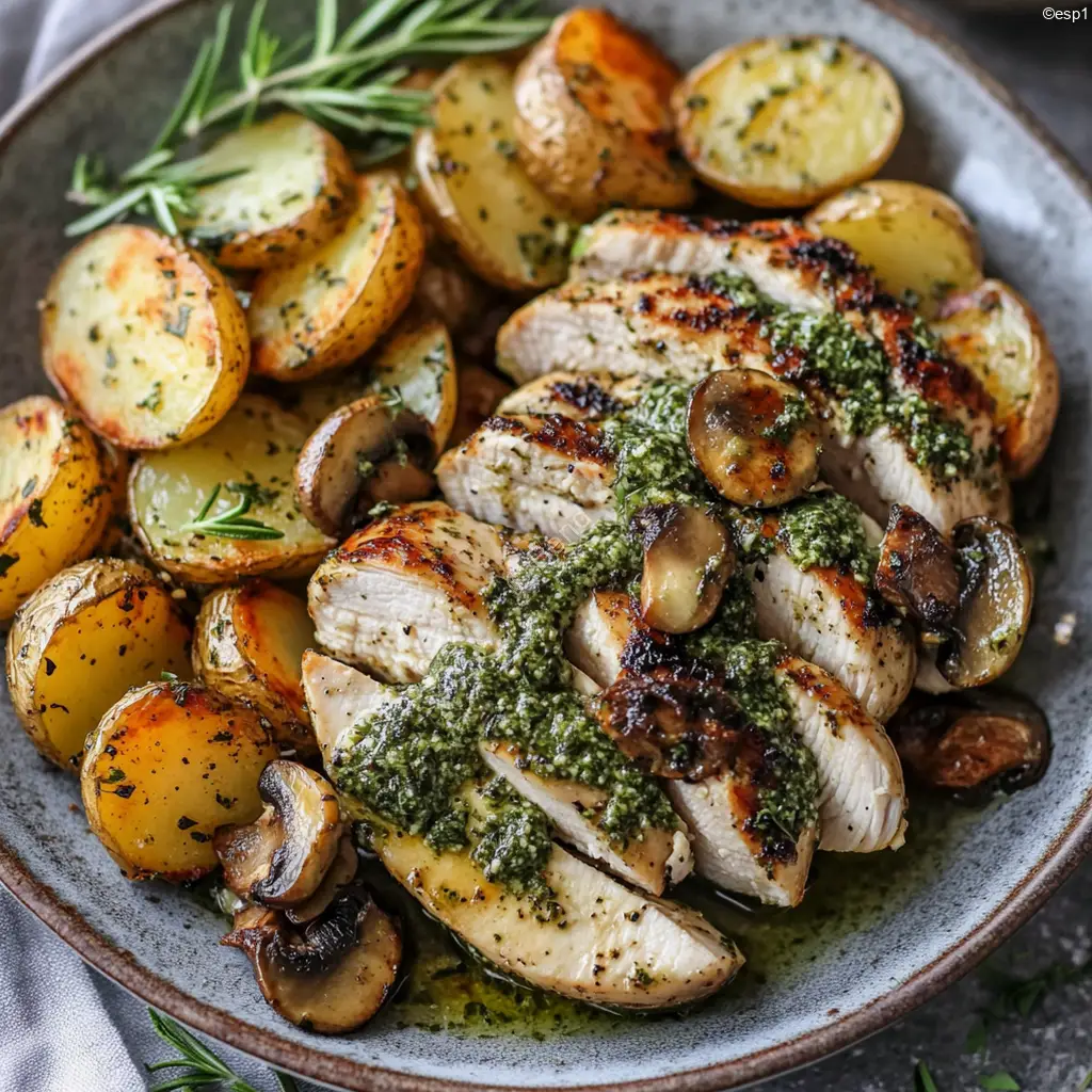 Pollo griego al ajo con papas asadas y pesto cremoso de champiñones