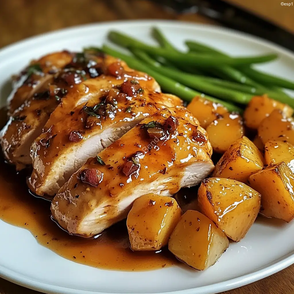 Pollo al ajo y miel con batatas y ejotes en una bandeja al horno