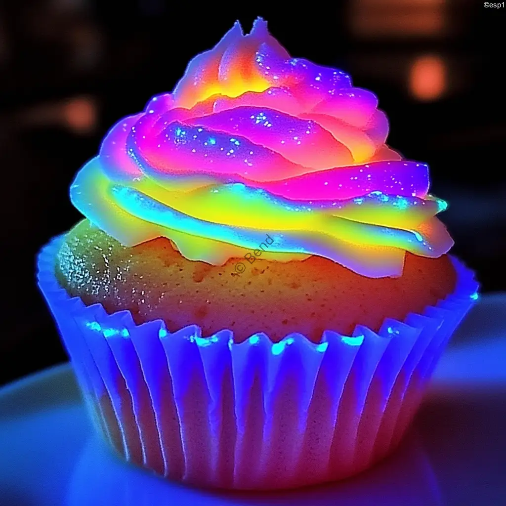 Cupcakes brillando en la oscuridad bajo luz negra con decoraciones neón