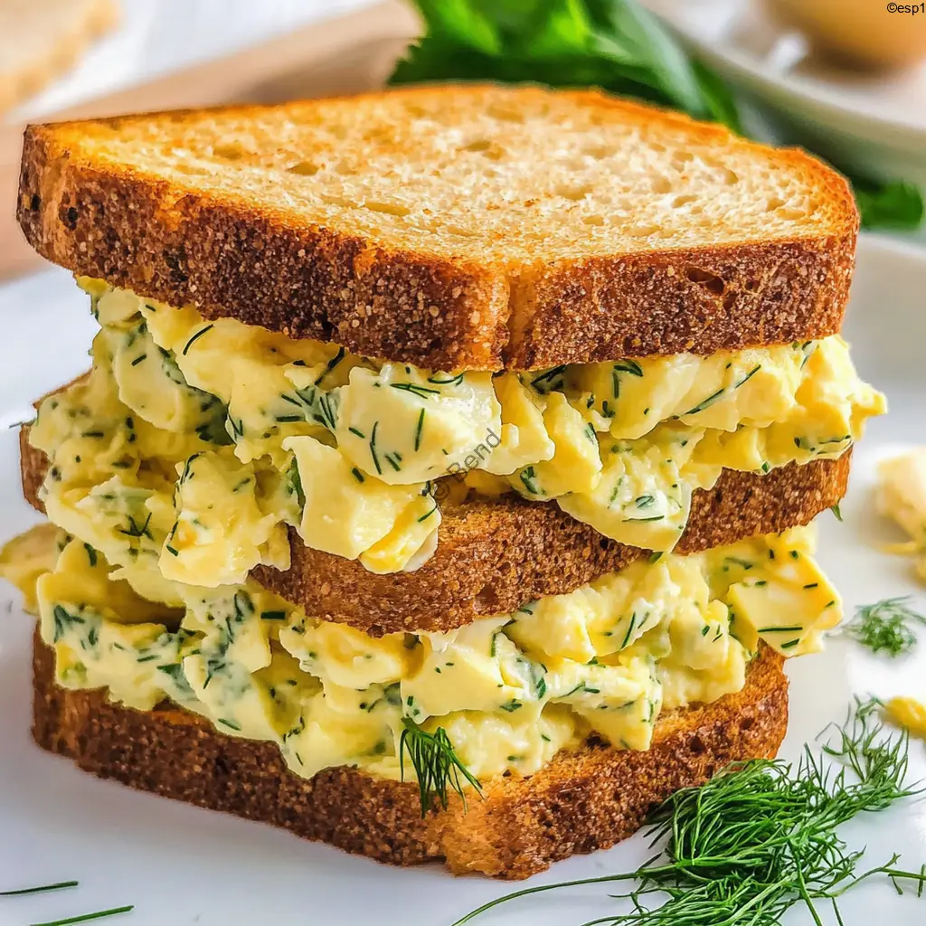 Sándwich de ensalada de huevo con pan tostado y hierbas frescas