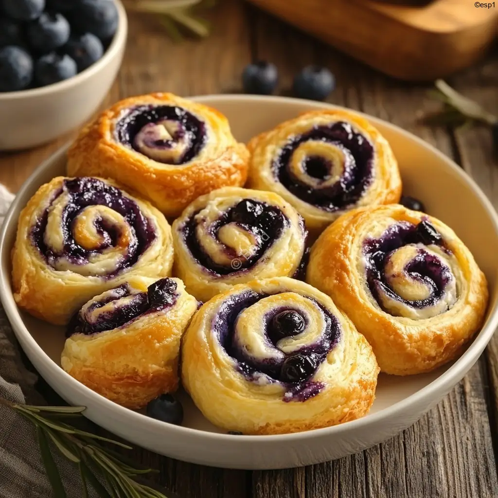 Rollos de hojaldre con relleno cremoso de queso y arándanos frescos