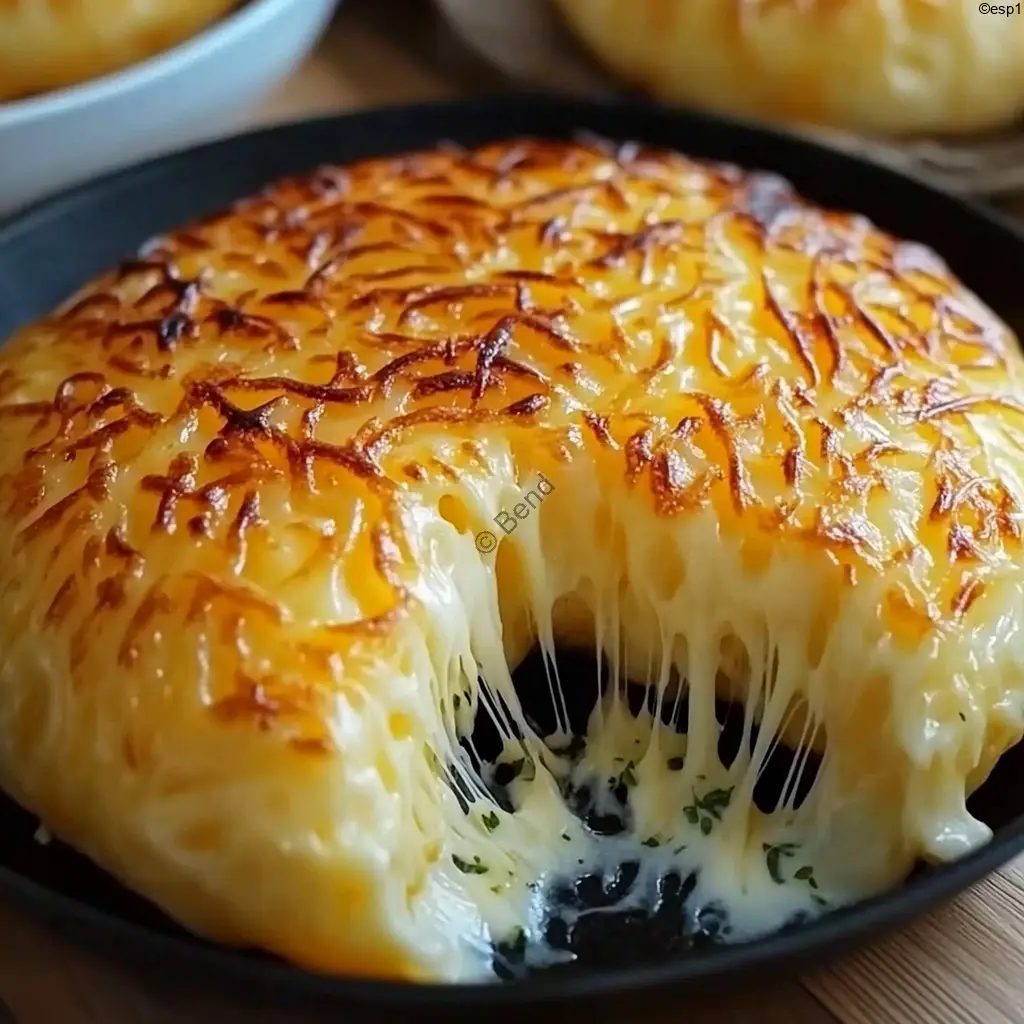 Pan dorado relleno de queso fundido cocinado en sartén