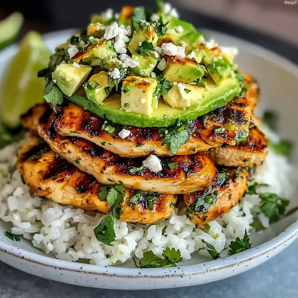 Torre de arroz, pollo marinado y aguacate servida en plato blanco