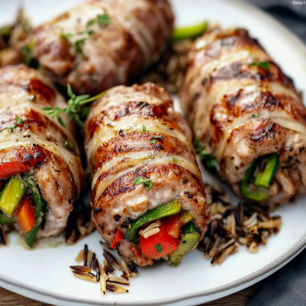 Rollitos de ternera rellenos con verduras coloridas en plato blanco