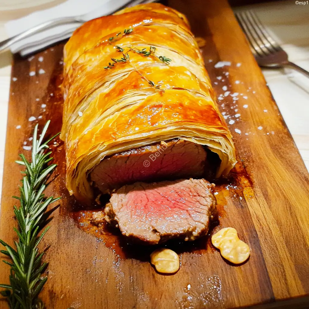 Solomillo Wellington dorado con hojaldre crujiente y carne jugosa