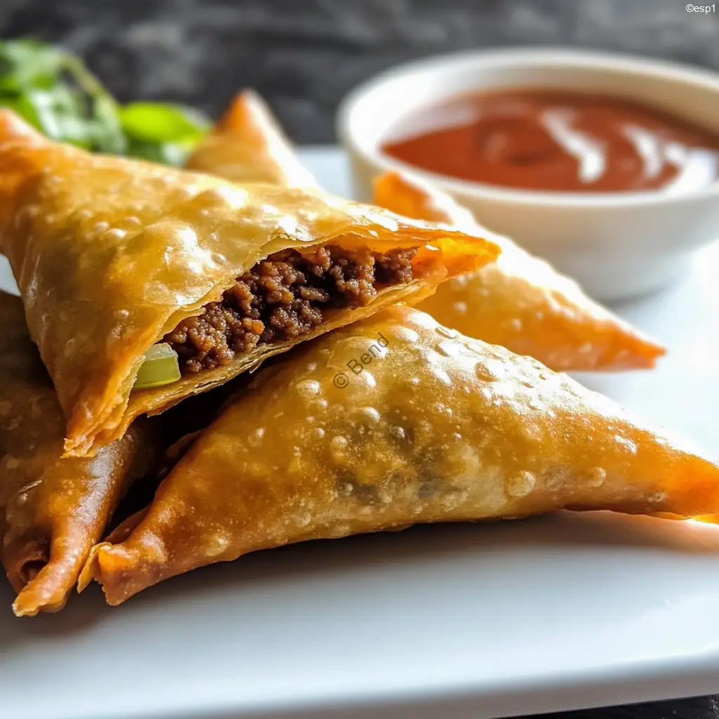 Samosas de carne molida doradas servidas con salsa