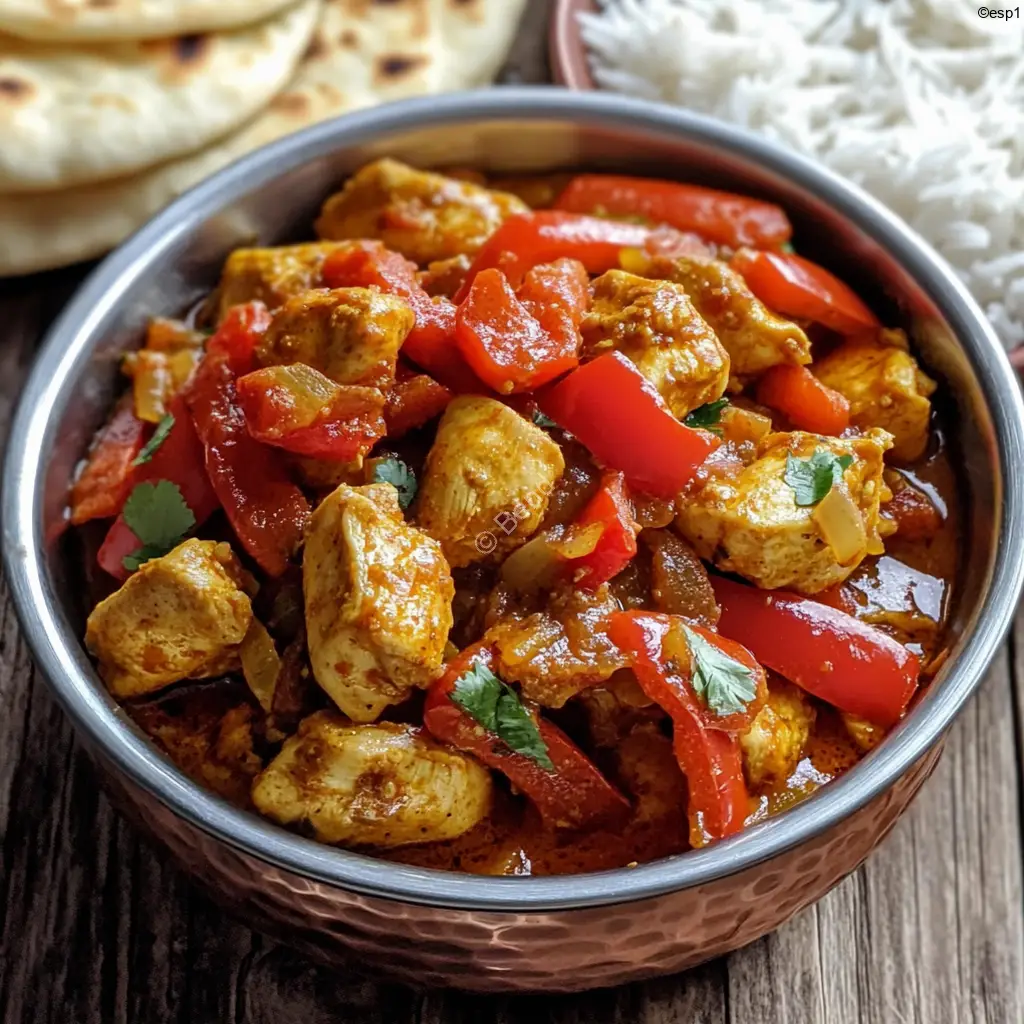 Pollo jalfrezi indio con pimientos rojos y cebolla servido en una sartén blanca