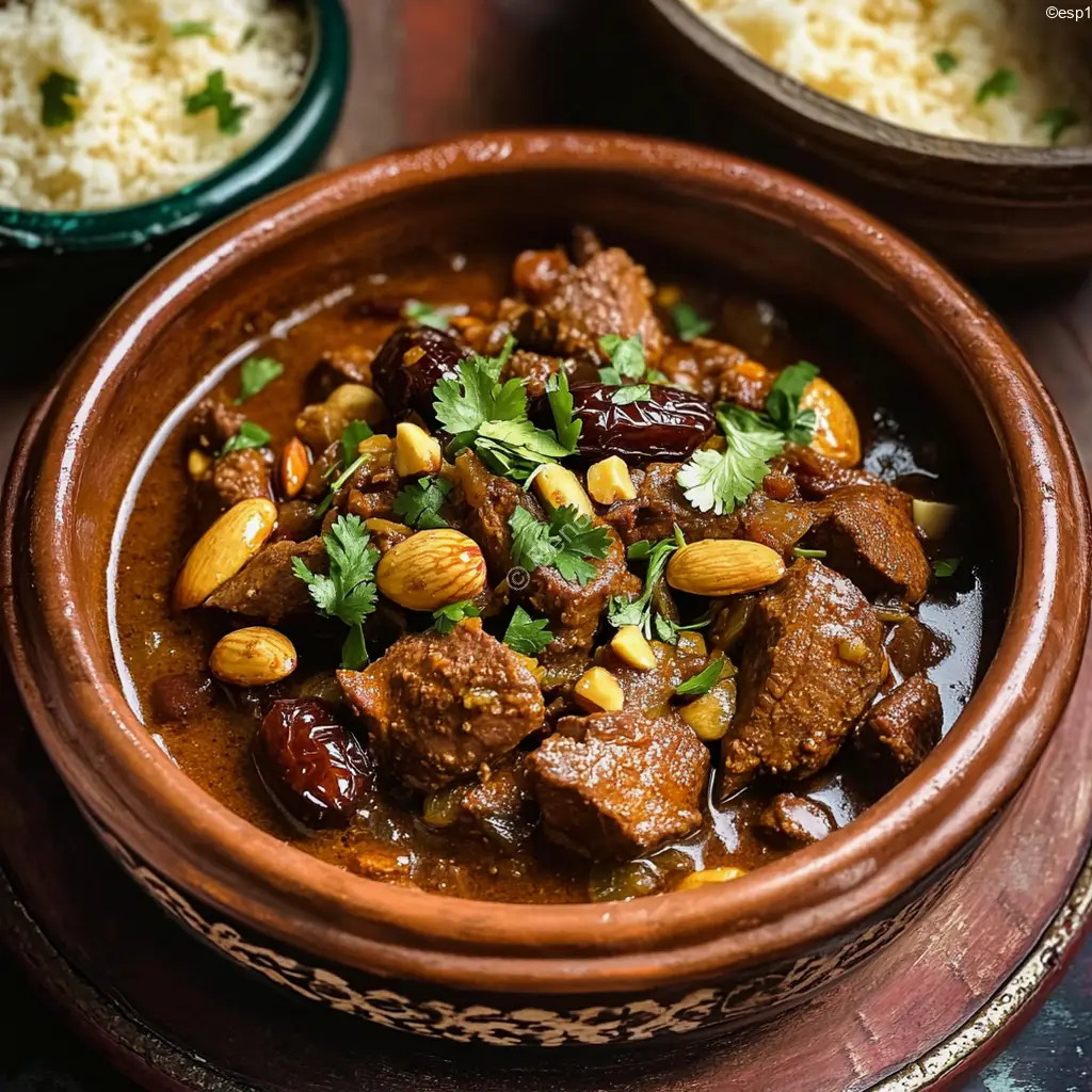 Tajine marroquí de cordero con dátiles y almendras en una cazuela de barro