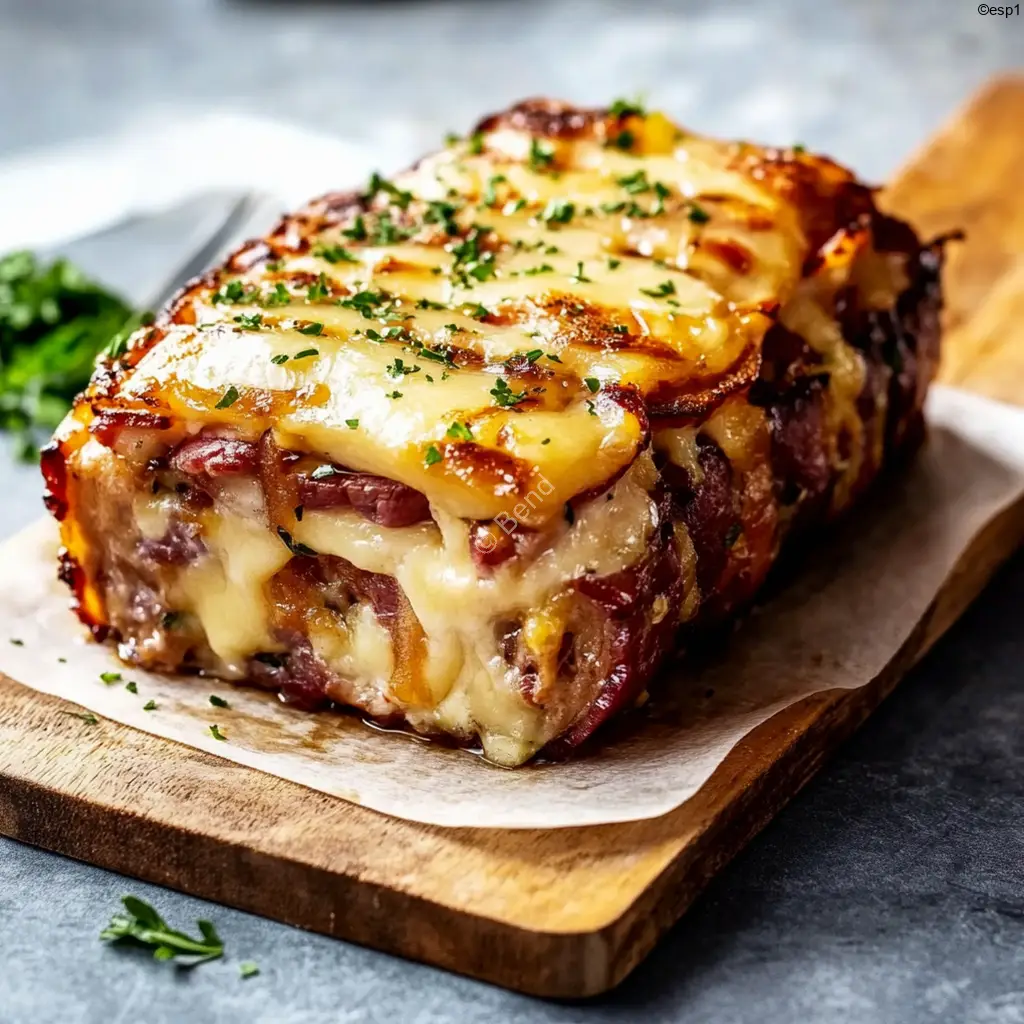 Pastel de carne envuelto en bacon con relleno de queso cortado en rebanadas