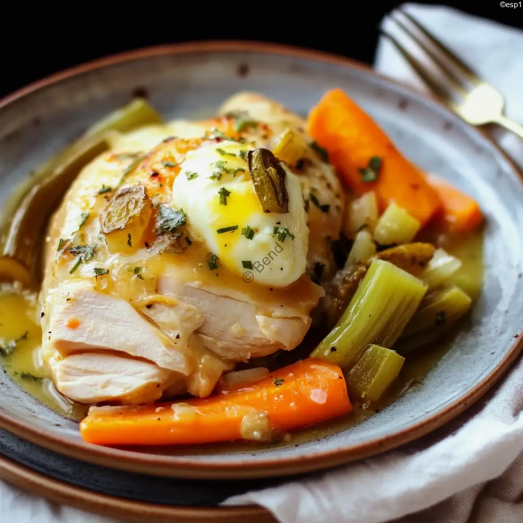 Pollo en olla con verduras y salsa gribiche servido en un plato blanco