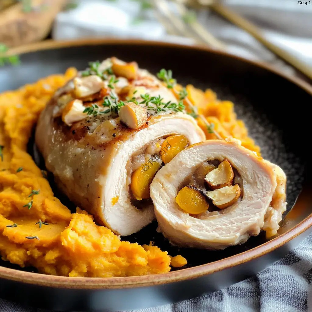Rulo de pollo con frutas secas cortado en medallones y servido en un plato blanco