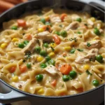 Pasta con pollo, salsa cremosa y verduras mixtas en sartén blanca