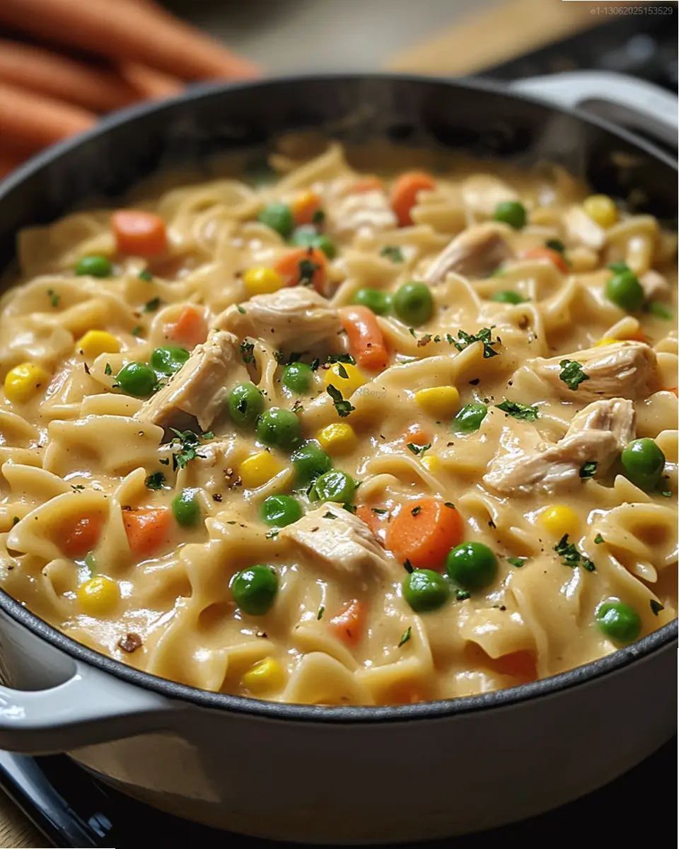 Pasta con pollo, salsa cremosa y verduras mixtas en sartén blanca