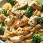 Pasta larga con pollo, brócoli y salsa cremosa en sartén blanca